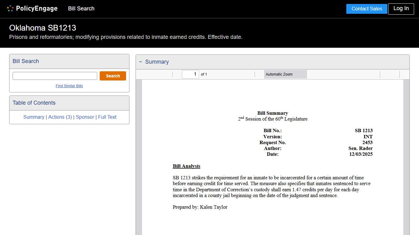 SB1213 Oklahoma 2026 Prisons and reformatories; modifying provisions related to inmate earned credits. Effective date. - Legislative Tracking PolicyEngage