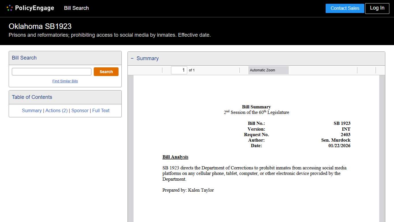 SB1923 Oklahoma 2026 Prisons and reformatories; prohibiting access to social media by inmates. Effective date. - Legislative Tracking PolicyEngage